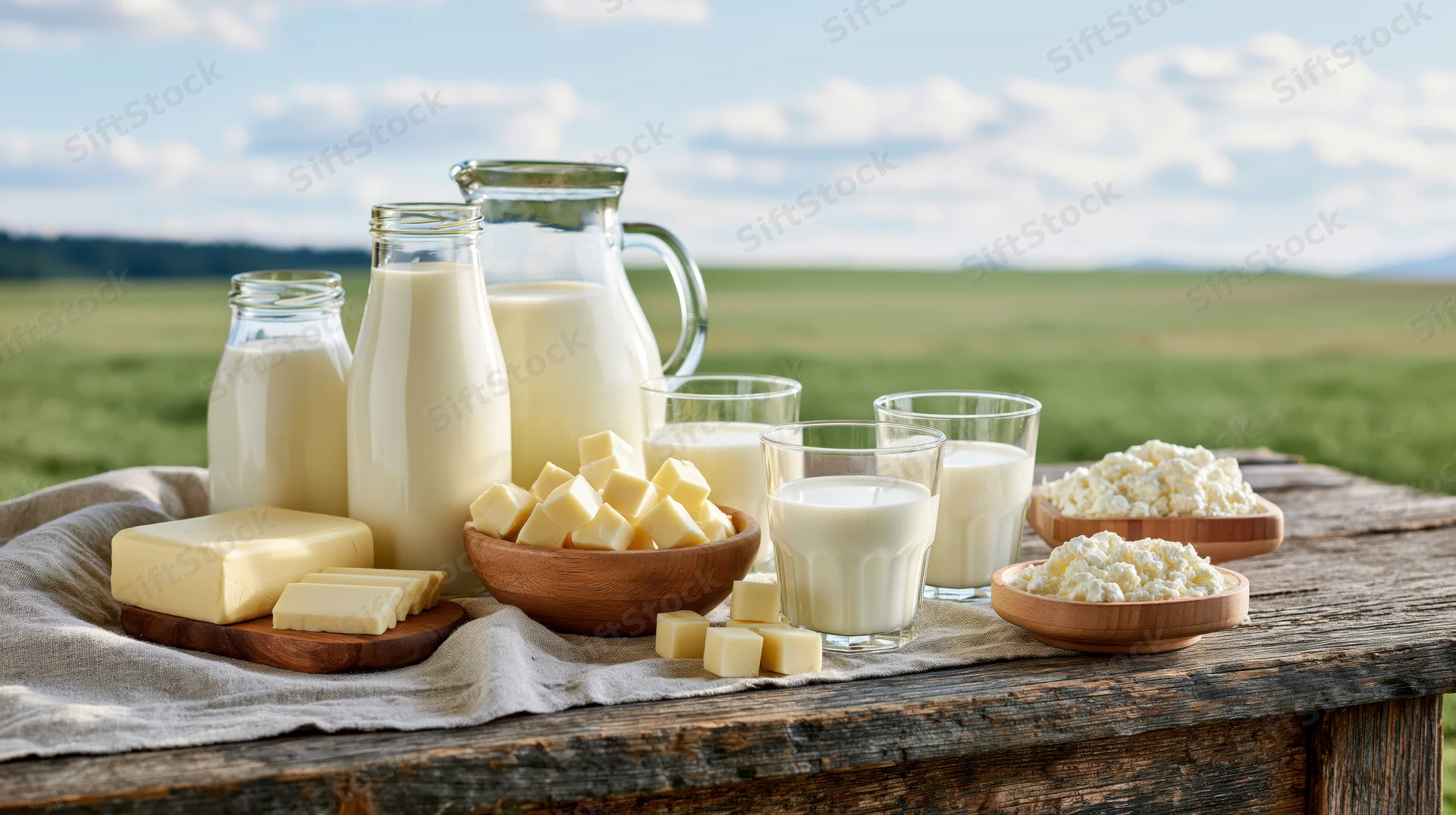 Assorted dairy products arranged on a rustic wooden table outdoors with a green field and sky in the background