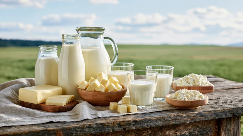 Assorted dairy products arranged on a rustic wooden table outdoors with a green field and sky in the background