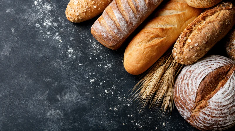 Assorted freshly baked breads arranged along the right edge of a dark surface with scattered flour and wheat stalks