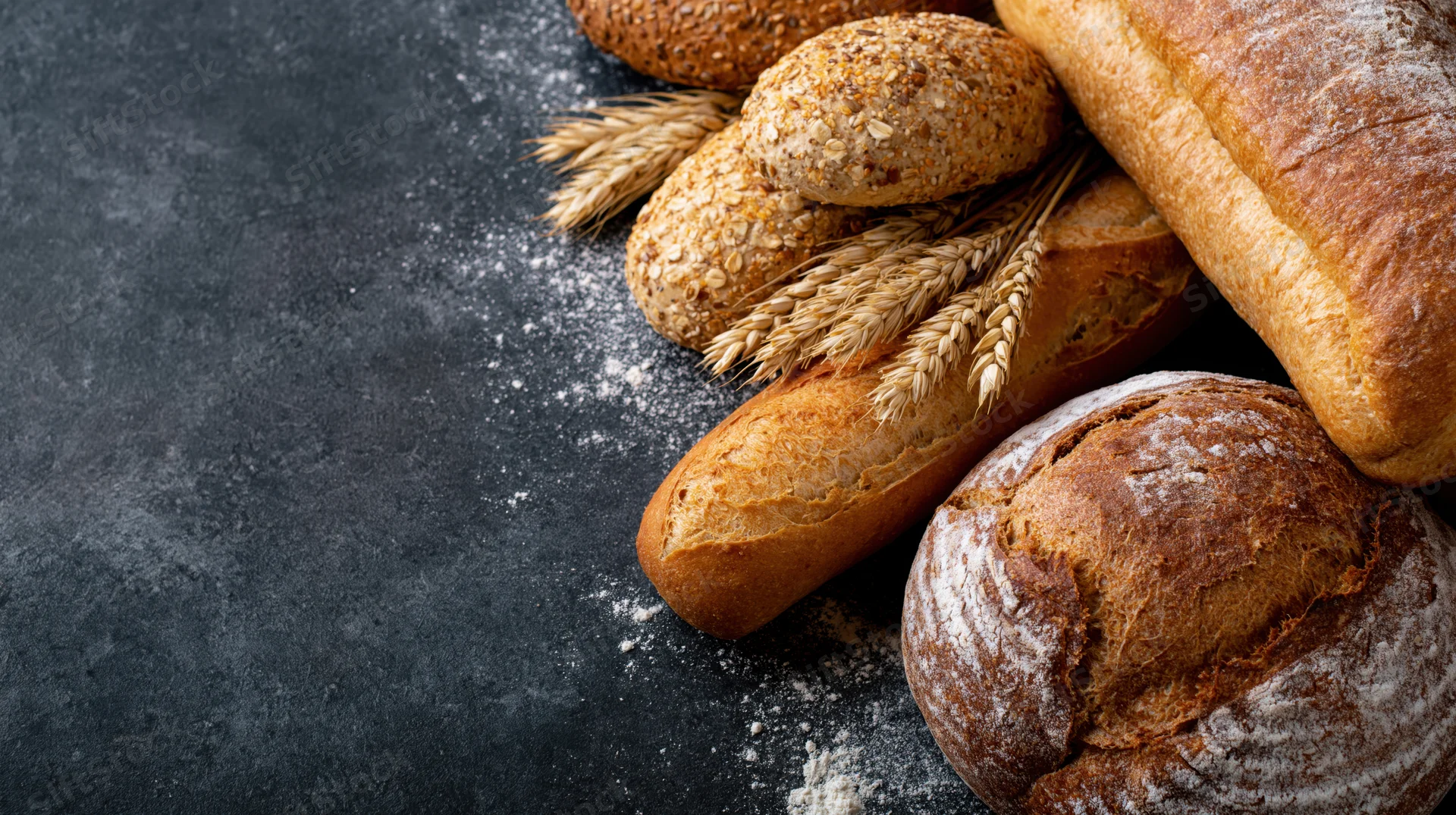 Assorted freshly baked breads arranged along the right edge of a dark surface with scattered flour and wheat stalks
