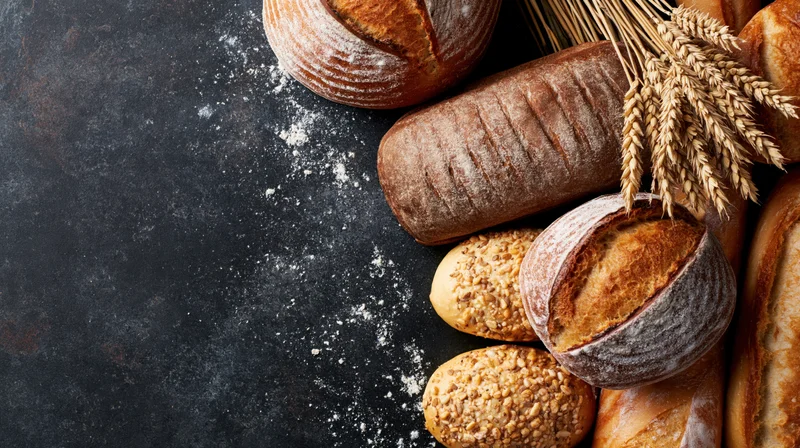 Assorted freshly baked breads arranged along the right edge of a dark surface with scattered flour and wheat stalks