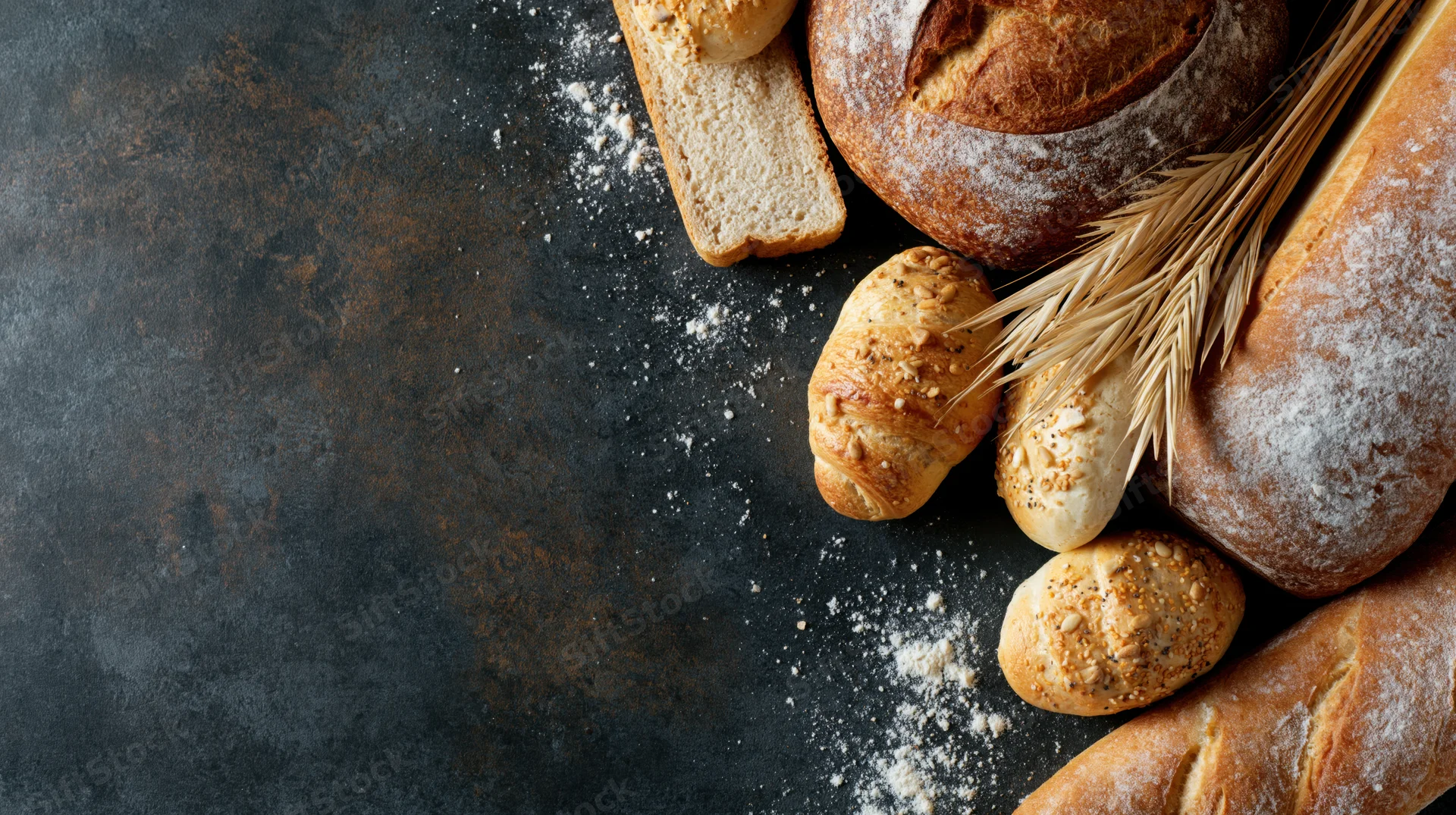 Assorted freshly baked breads arranged along the right edge of a dark textured surface with scattered flour and wheat stalks