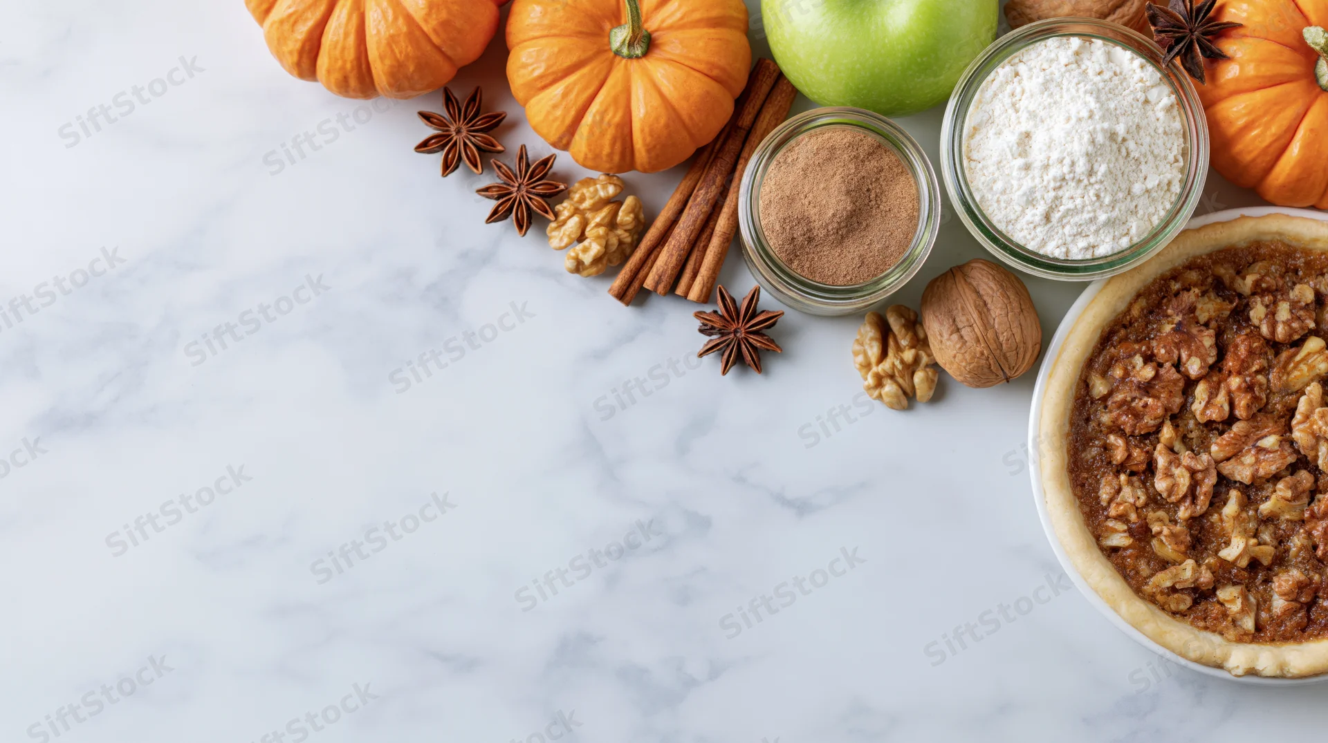 Pumpkin pie with autumn ingredients arranged on marble countertop