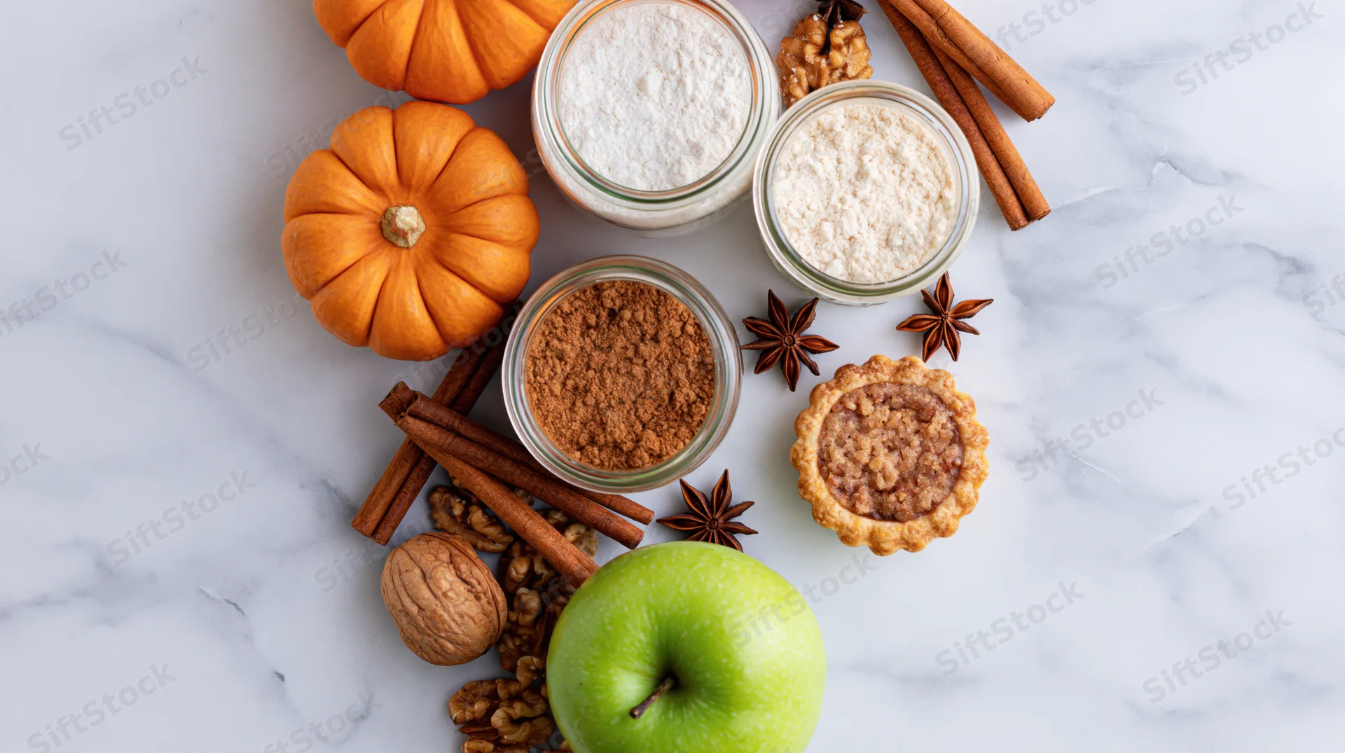 Autumn baking flatlay with pumpkins, apples, spices, nuts, jars of flour and sugar, and a small pie on a marble countertop