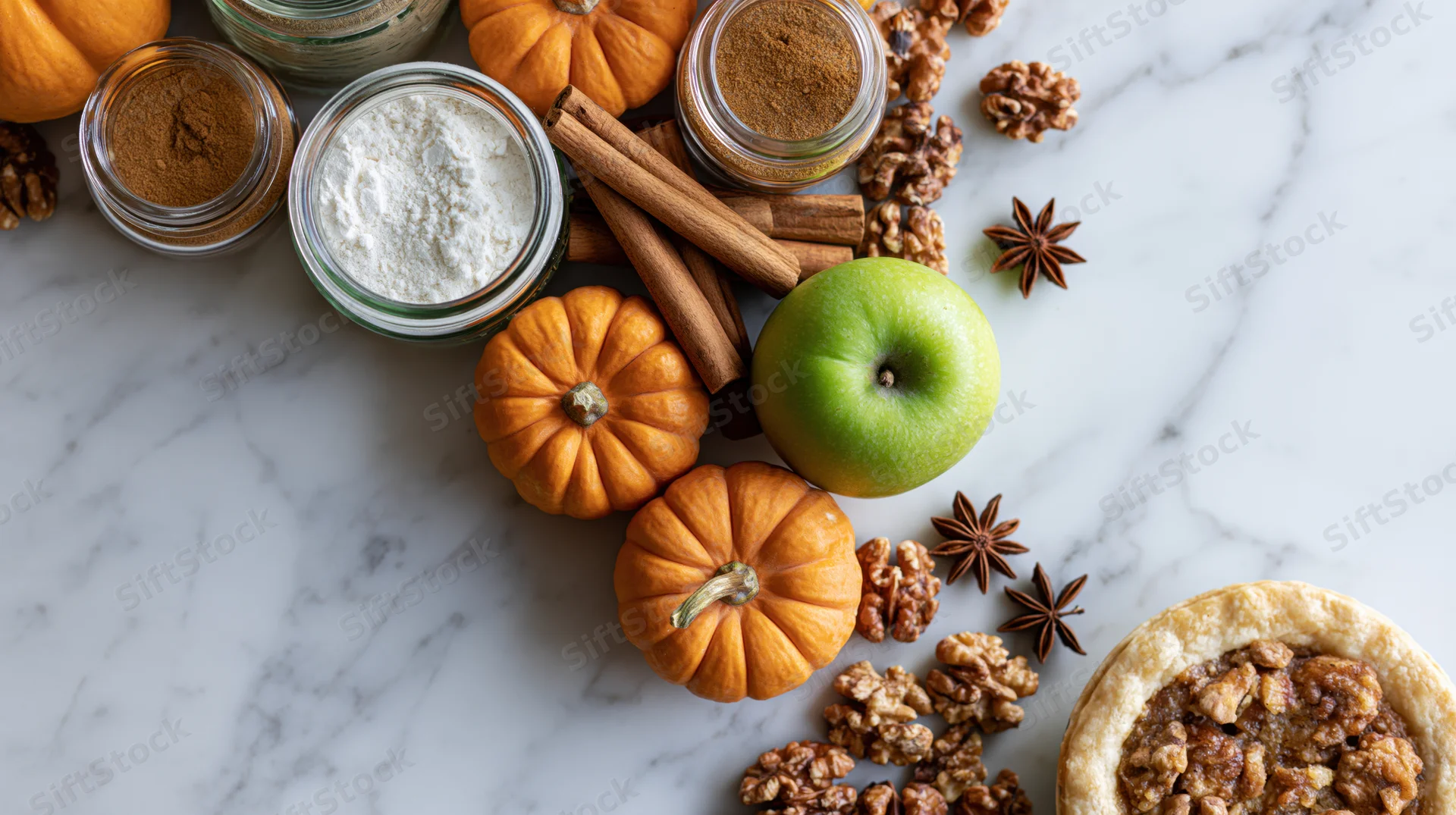 Autumn baking flatlay with small pumpkins, apples, spices and a pie on a marble countertop