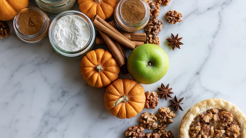 Autumn baking flatlay with small pumpkins, apples, spices and a pie on a marble countertop
