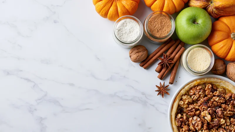 Autumn baking flatlay with pumpkins, spices, apples and walnut pie on marble countertop