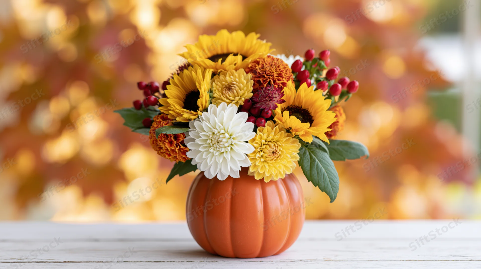 Autumn floral arrangement in a pumpkin vase on a wooden table