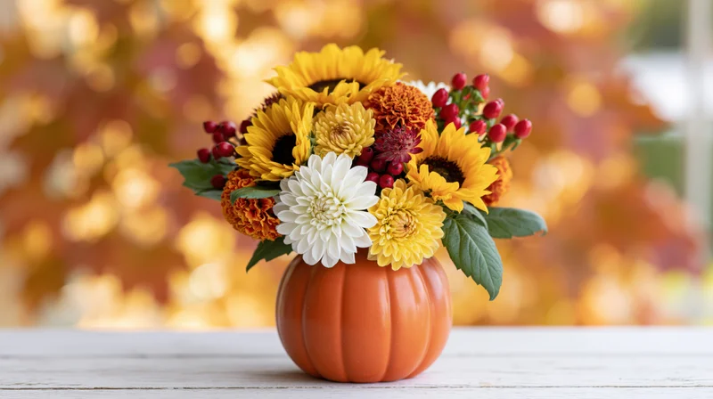 Autumn floral arrangement in a pumpkin vase on a wooden table