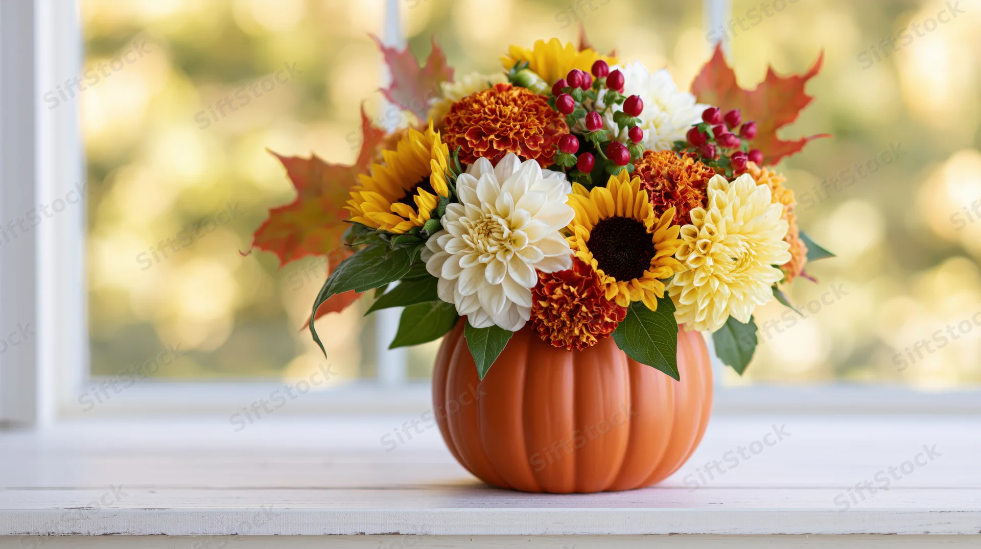 Autumn floral arrangement in a pumpkin vase on a windowsill
