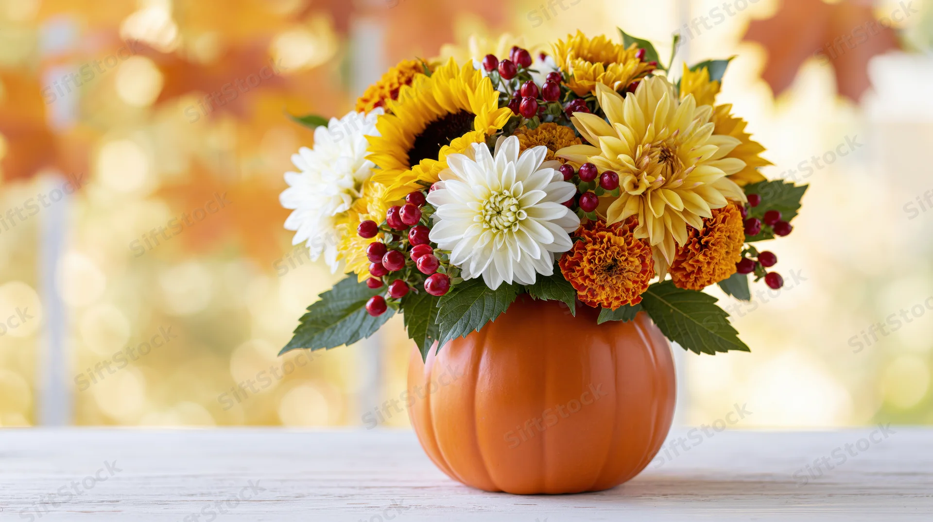 Autumn floral arrangement in a pumpkin vase on a table