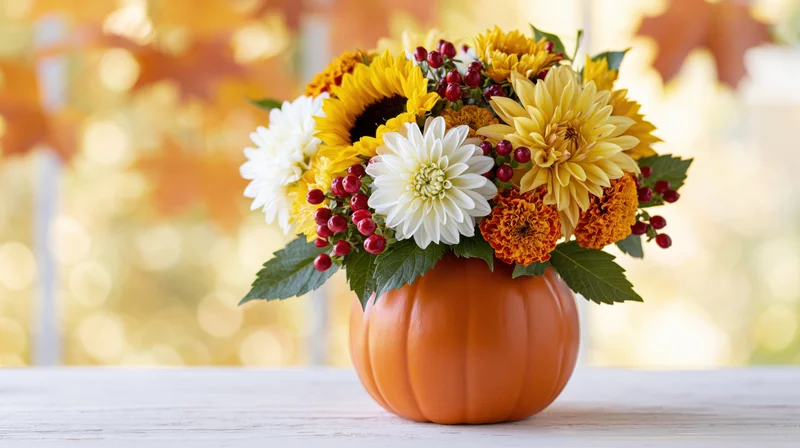 Autumn floral arrangement in a pumpkin vase on a table