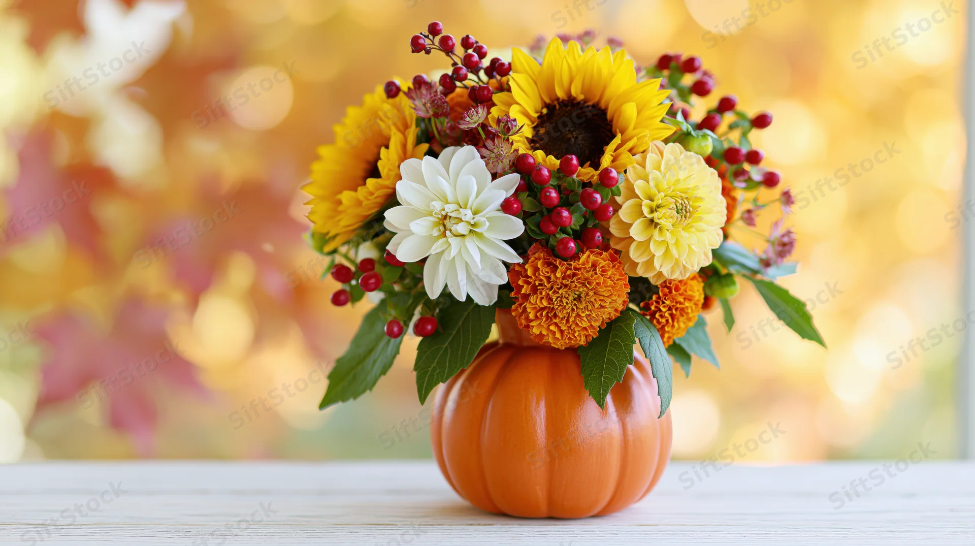 Autumn floral arrangement in a small orange pumpkin vase on a wooden table with blurred foliage background
