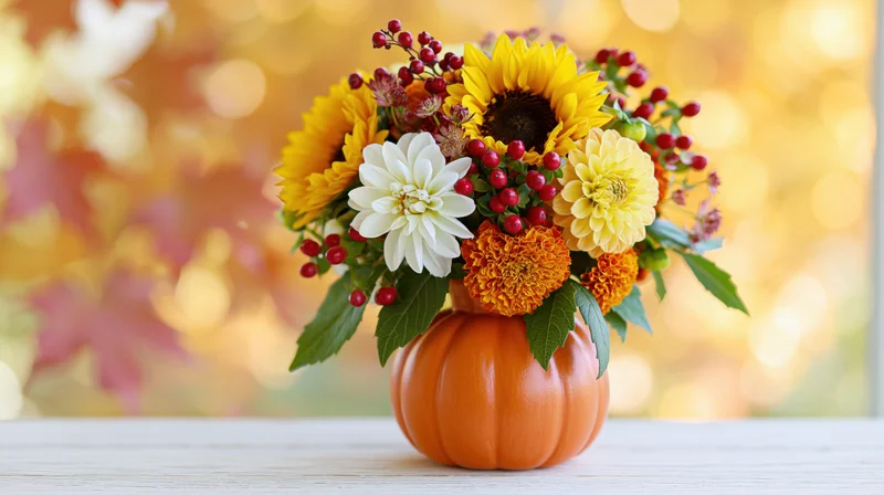 Autumn floral arrangement in a small orange pumpkin vase on a wooden table with blurred foliage background