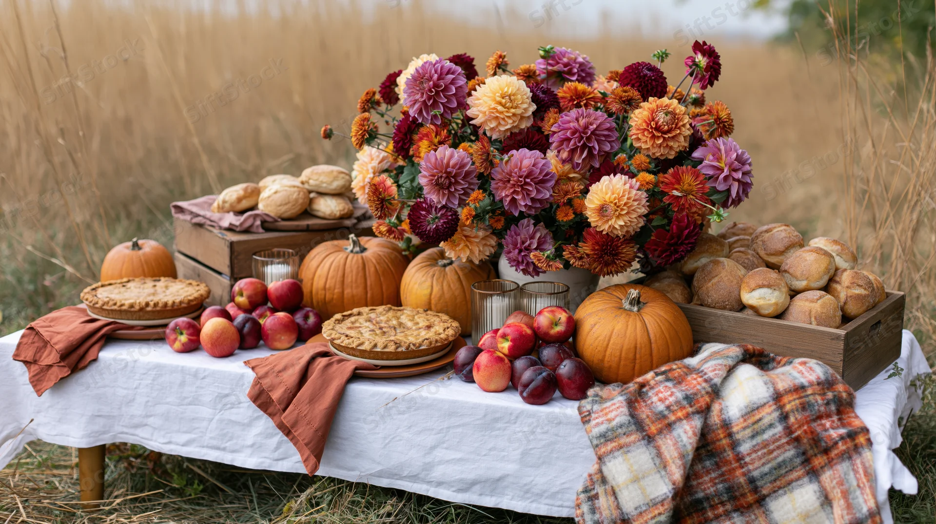 Autumn harvest table set outdoors with pumpkins apples pies and flowers in a field