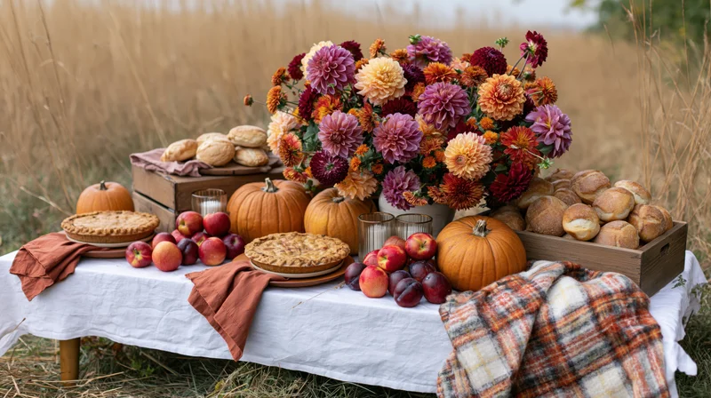 Autumn harvest table set outdoors with pumpkins apples pies and flowers in a field
