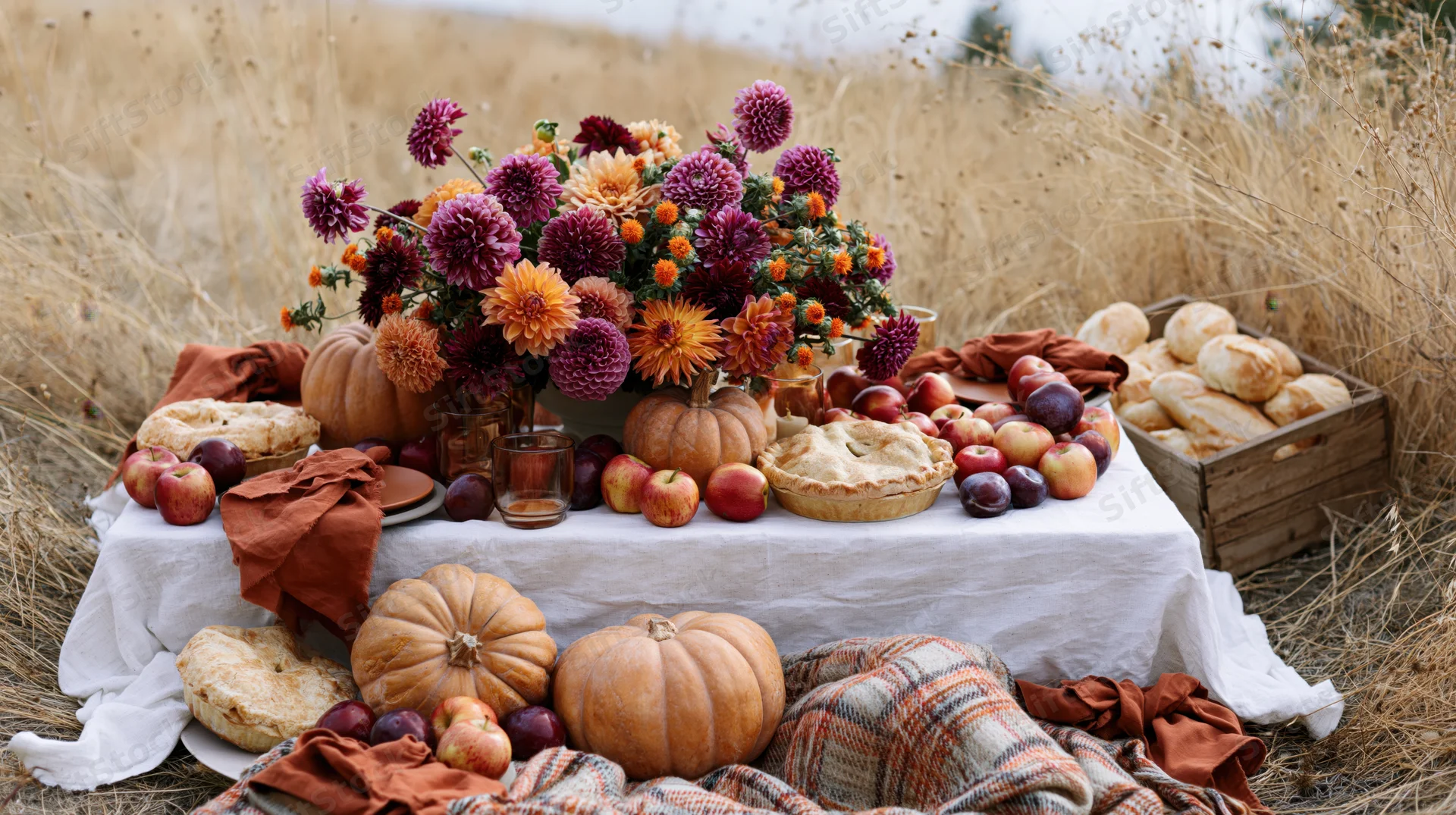 Autumn harvest table spread with pumpkins apples pies and flowers in a field