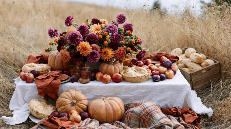 Autumn harvest table spread with pumpkins apples pies and flowers in a field