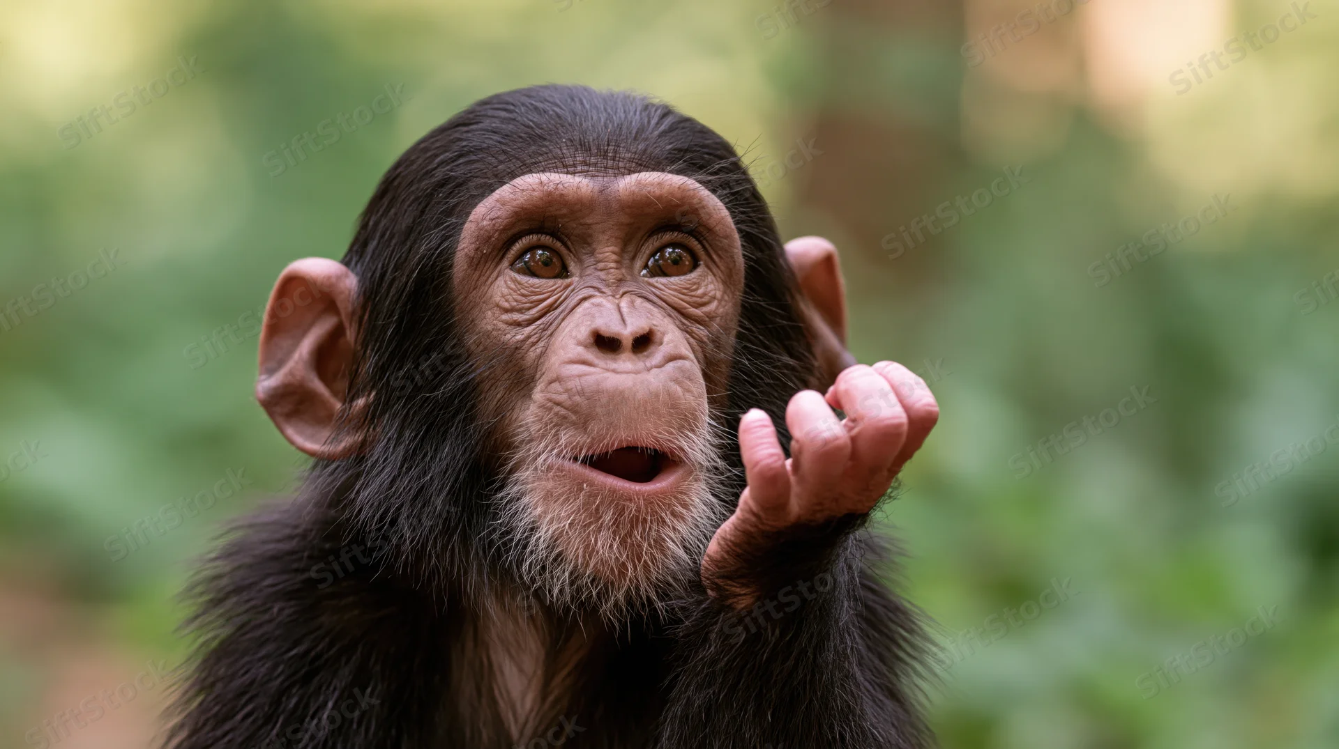 Baby chimpanzee holding hand near face in forest setting