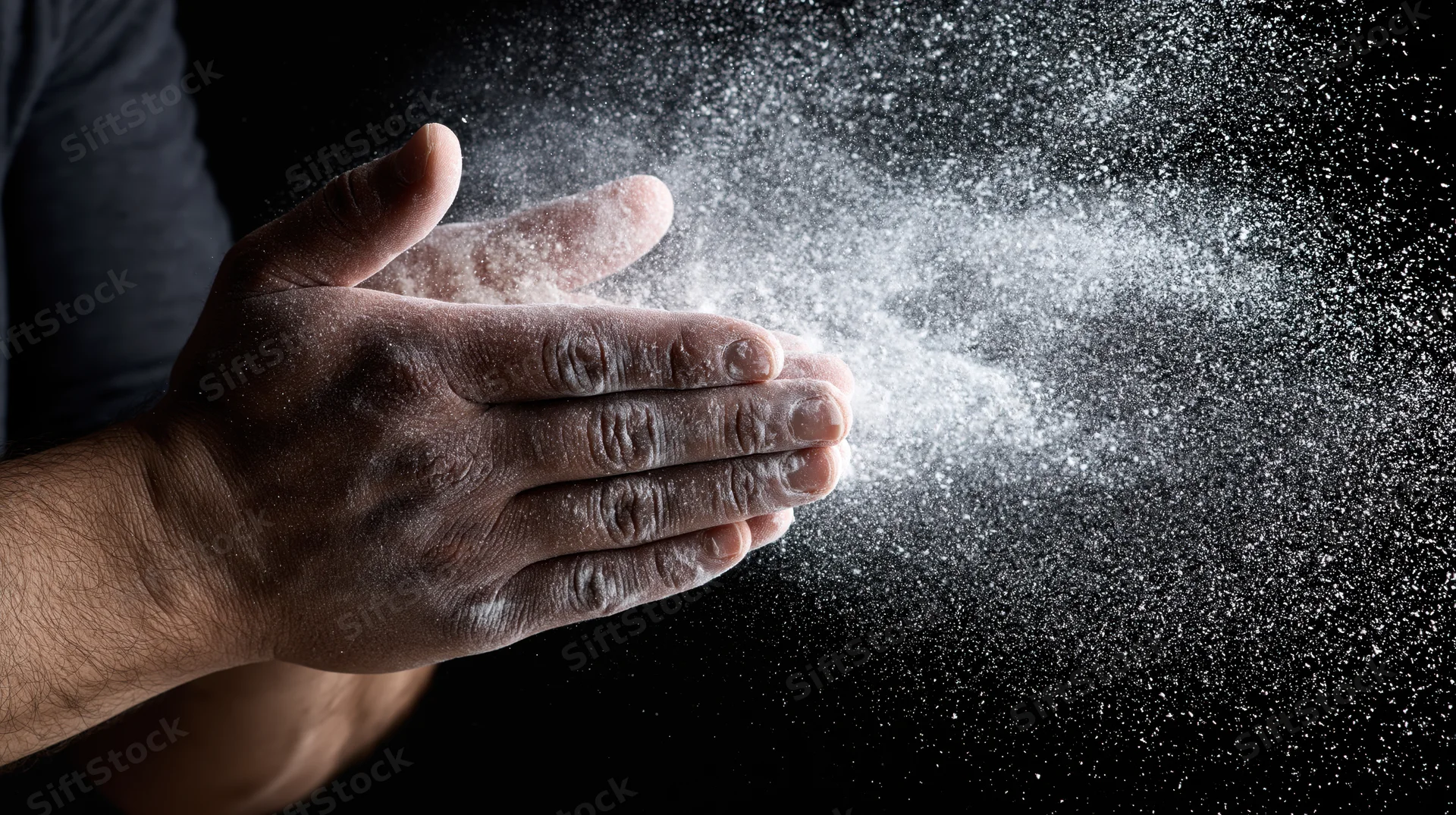 Baker clapping hands sending flour into the air against black background