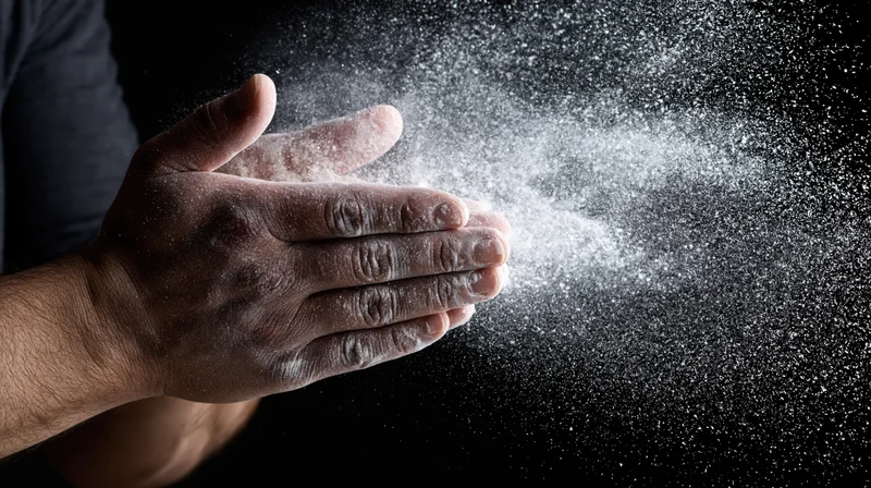 Baker clapping hands sending flour into the air against black background