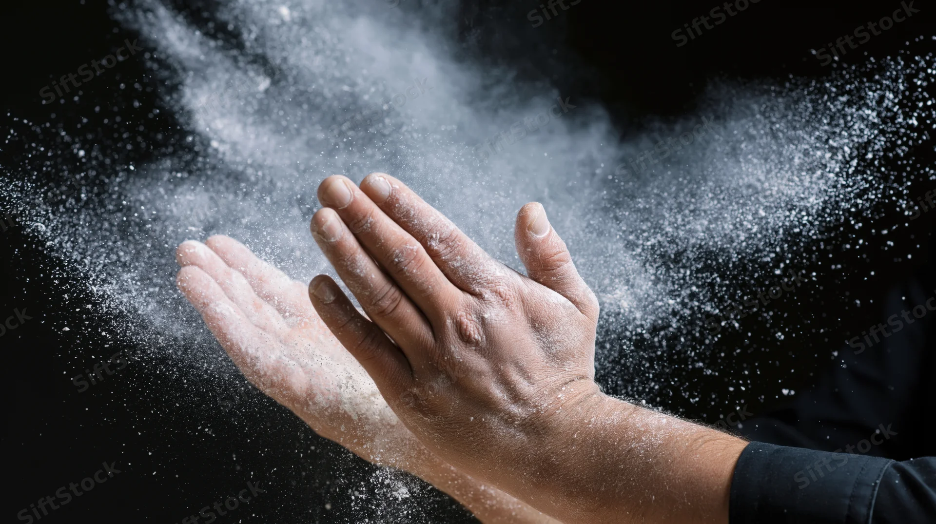 Baker clapping flour-covered hands mid-motion against black background