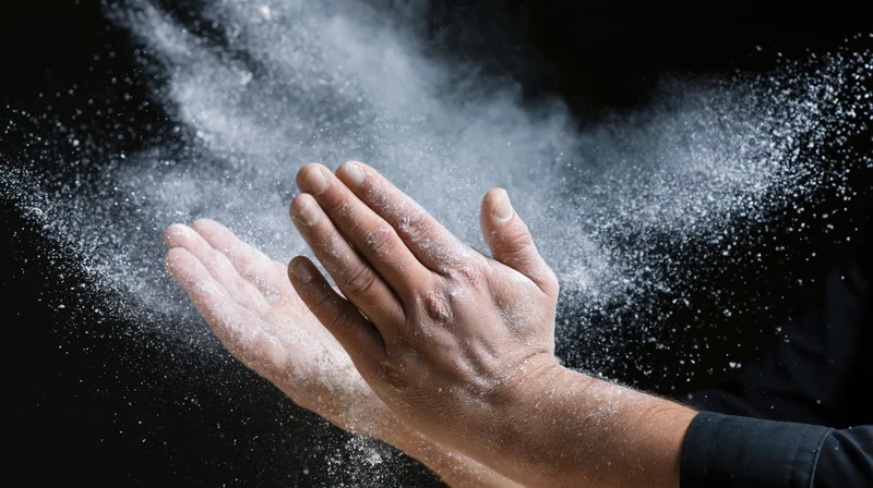 Baker clapping flour-covered hands mid-motion against black background