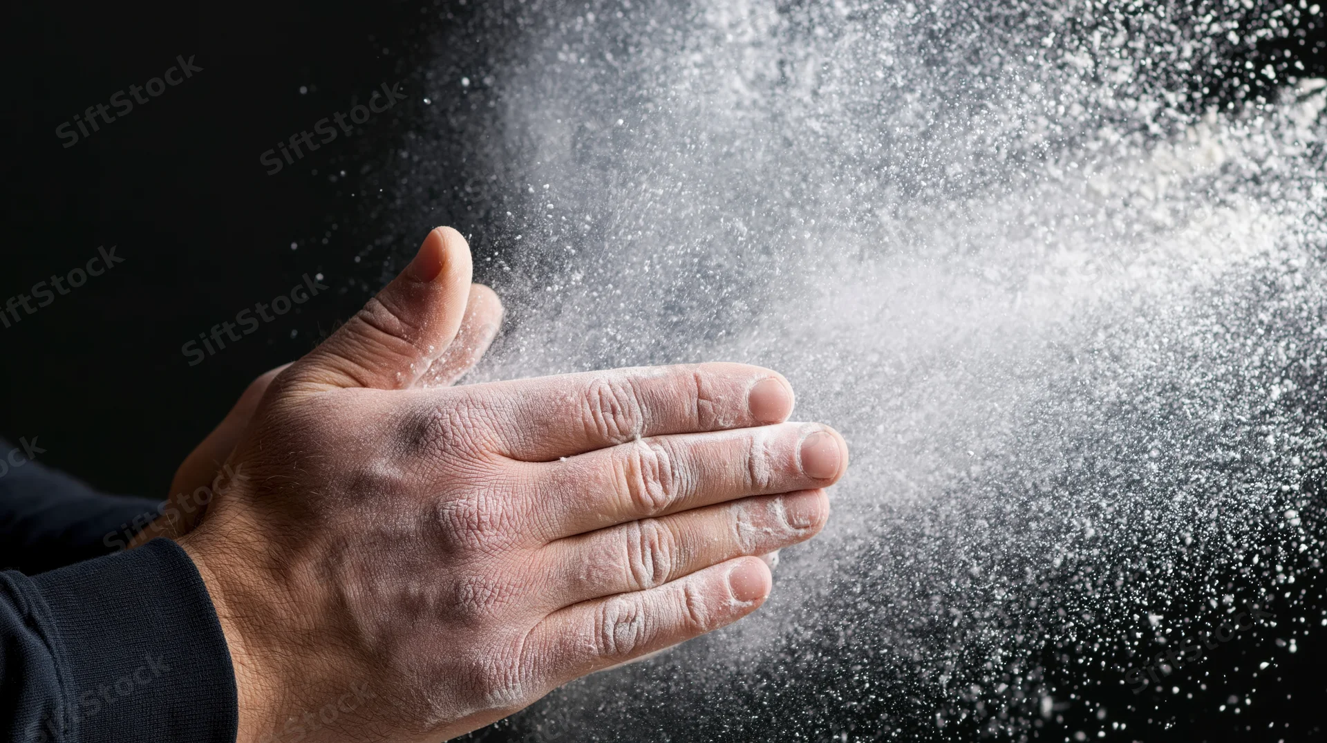 Baker clapping hands sending flour into the air against dark background