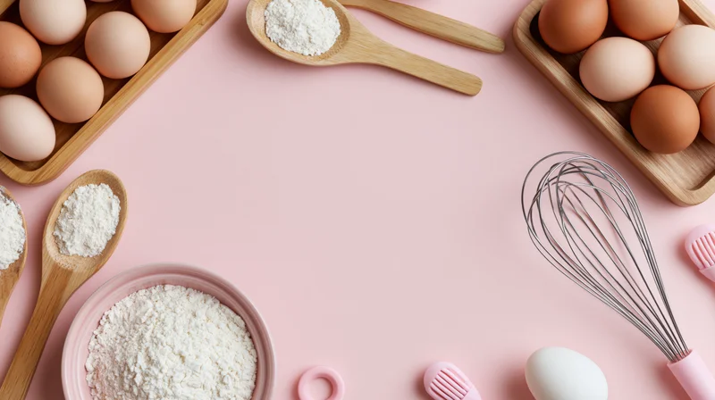 Baking ingredients and tools arranged in a flat lay border on a pink surface