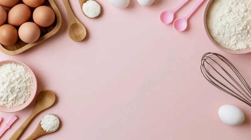 Baking ingredients and tools arranged in a flat lay border on a pink surface with copyspace