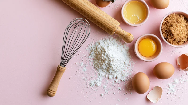 Baking ingredients and tools arranged on a pale pink surface
