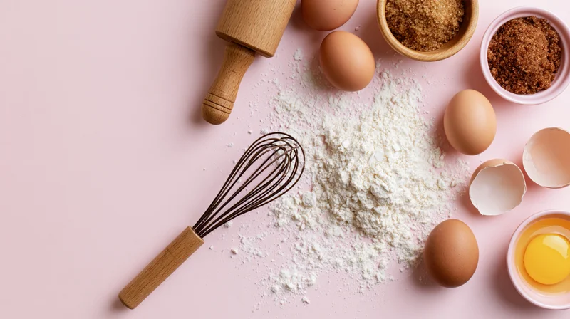 Baking ingredients and tools arranged on a pale pink surface
