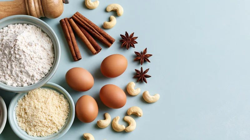 Baking ingredients arranged in a loose flat lay on the left side of a light blue surface with copyspace on the right