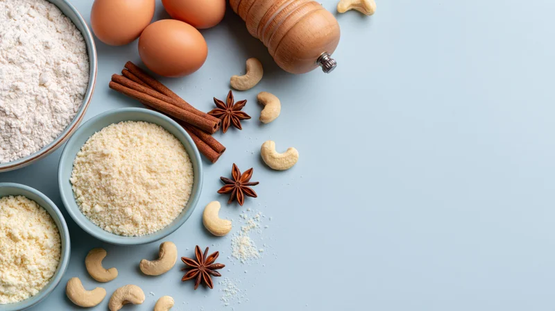 Baking ingredients arranged in a loose flat lay on the left side of a light blue surface with copyspace on the right