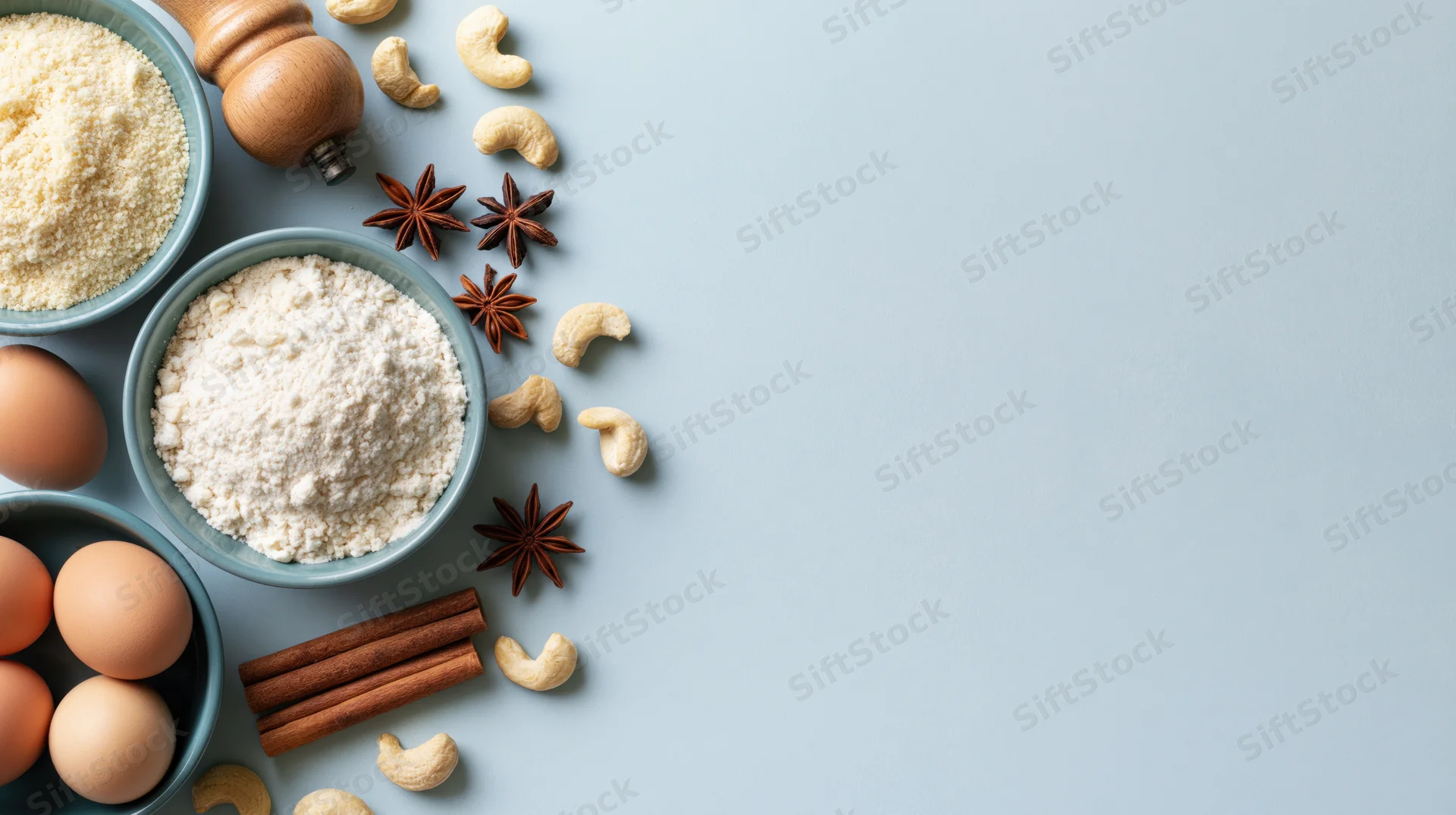 Baking ingredients arranged in a loose flat lay on the left side of a light blue surface