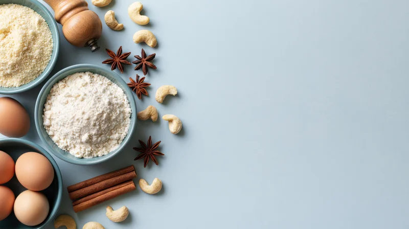 Baking ingredients arranged in a loose flat lay on the left side of a light blue surface