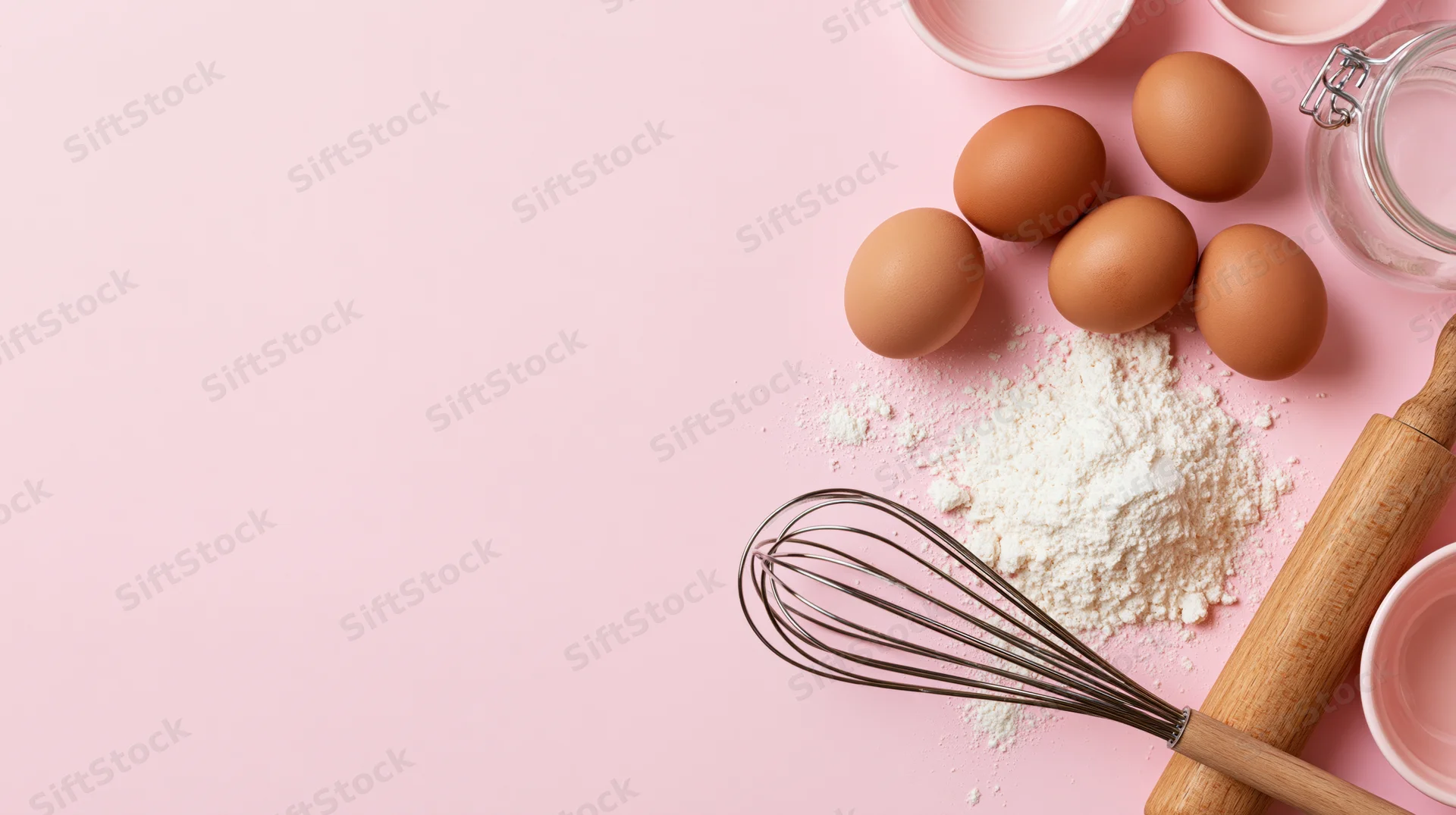 Baking ingredients including flour, eggs, whisk and rolling pin arranged on pink surface with copyspace on left