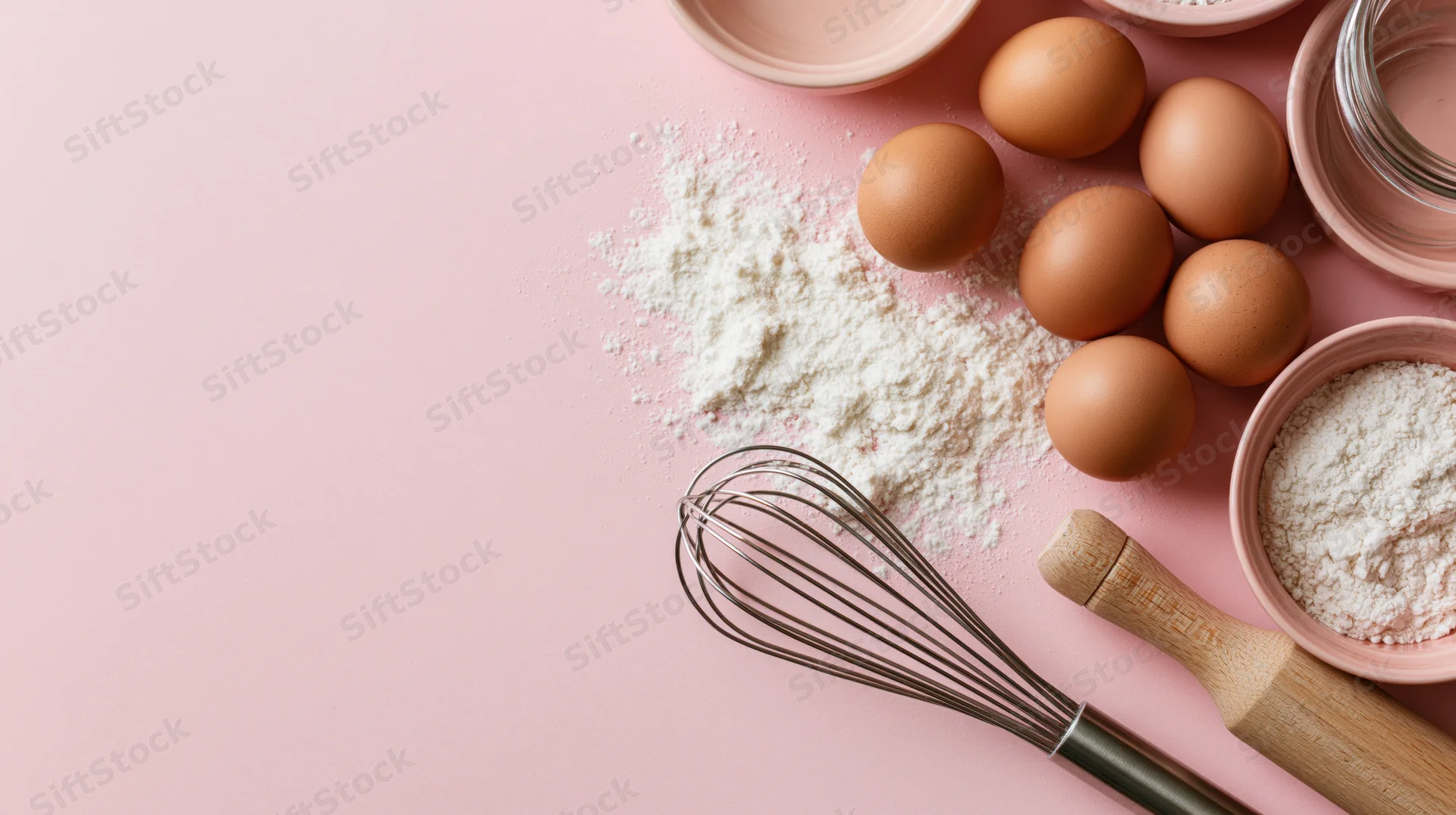 Baking ingredients arranged on pink surface with copyspace on left