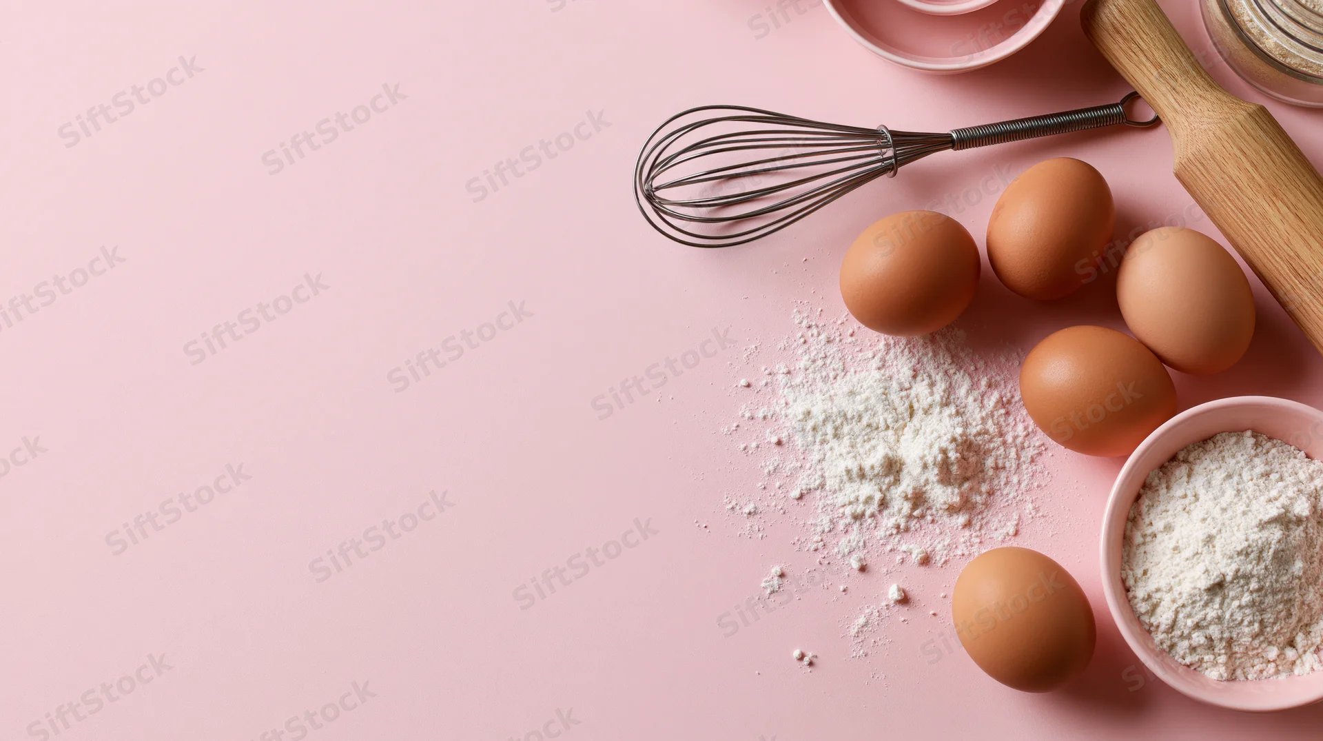 Baking ingredients including flour, eggs, whisk and rolling pin arranged on pink surface with copyspace on left