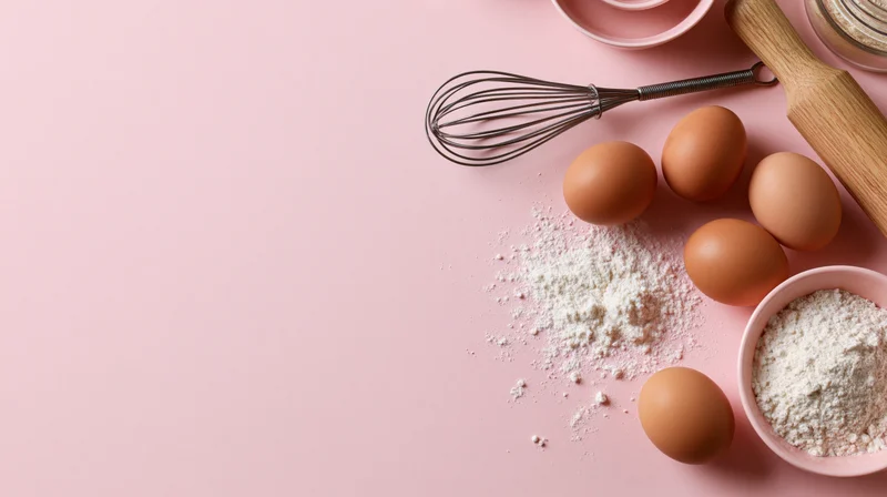 Baking ingredients including flour, eggs, whisk and rolling pin arranged on pink surface with copyspace on left