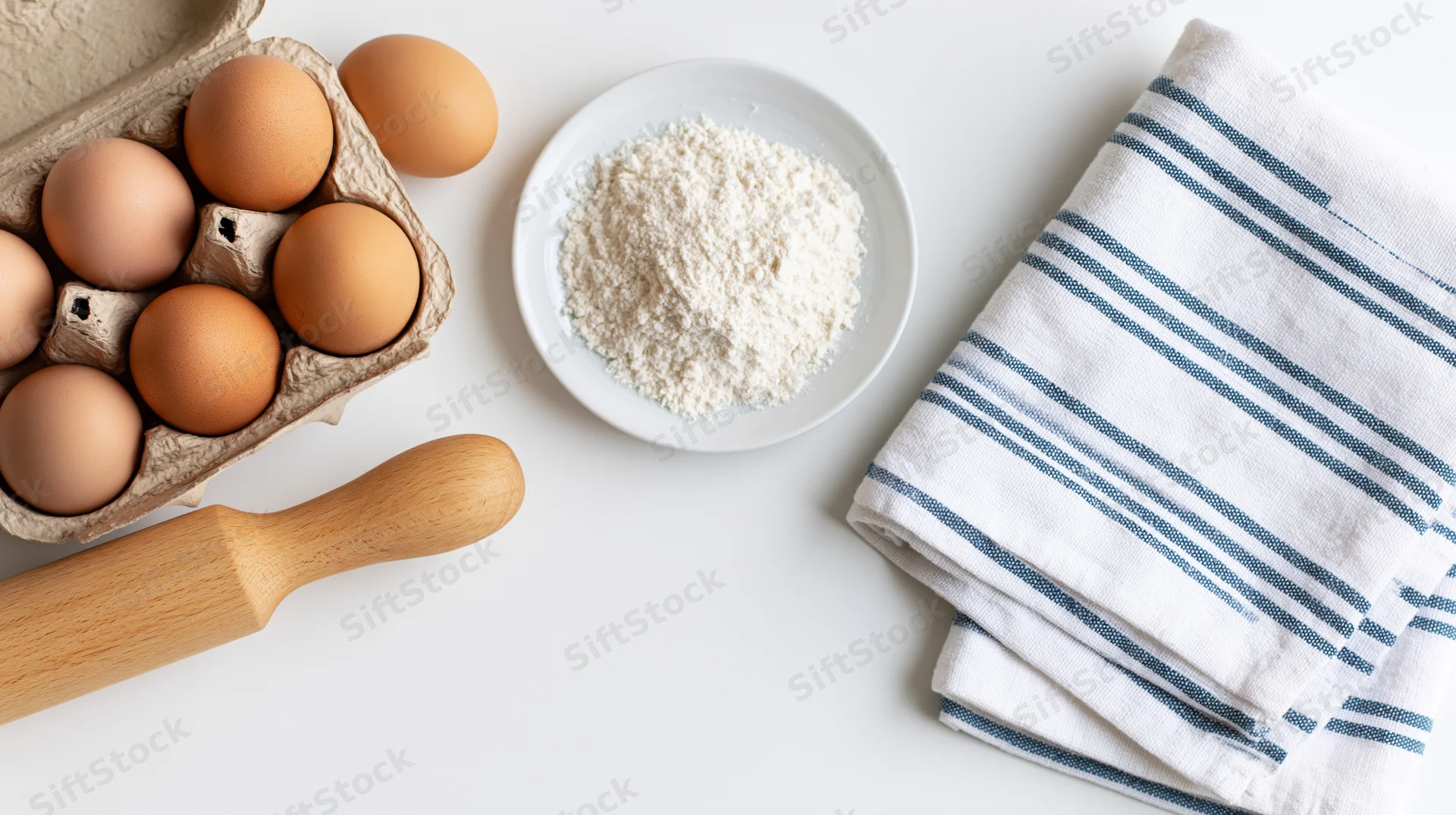 Baking ingredients including eggs in a carton, flour on a plate, and a wooden rolling pin arranged on a white surface with a striped towel