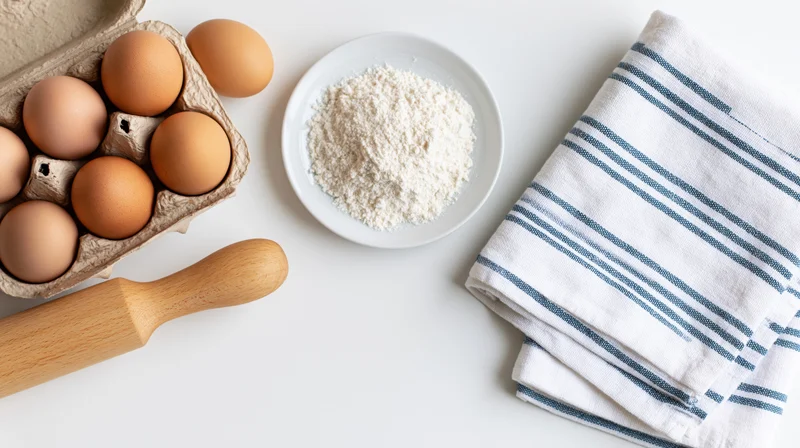 Baking ingredients including eggs in a carton, flour on a plate, and a wooden rolling pin arranged on a white surface with a striped towel