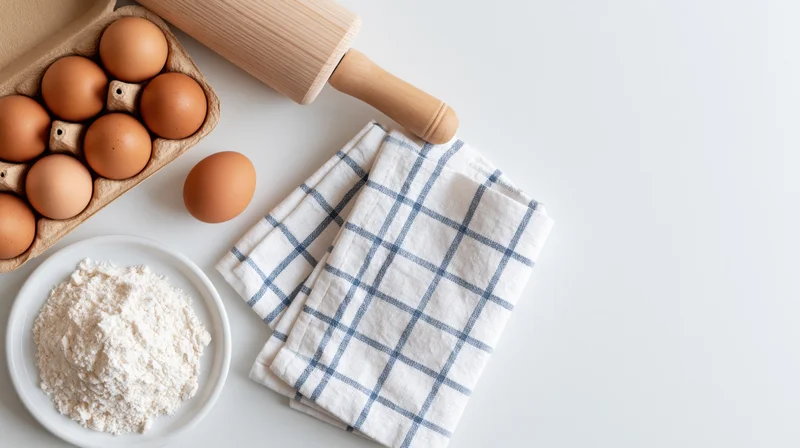 Baking ingredients including flour, eggs, and a rolling pin arranged on a white surface with a checkered towel and copyspace