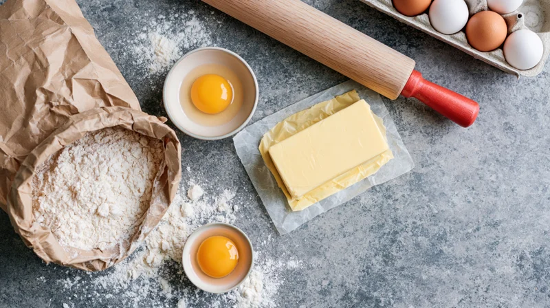 Baking ingredients arranged on a flour-dusted grey stone surface