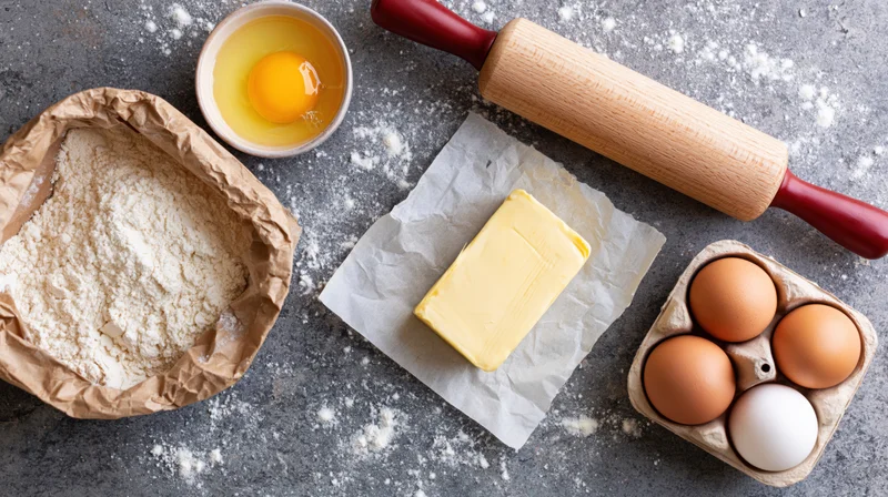 Baking ingredients arranged on a flour-dusted grey stone surface
