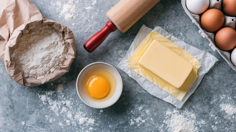 Baking ingredients arranged on a flour-dusted grey stone countertop