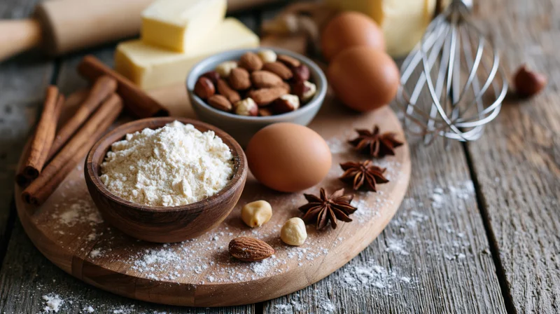 Baking ingredients arranged on a rustic wooden cutting board with flour, eggs, butter, cinnamon, nuts and star anise