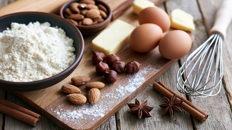 Baking ingredients arranged on a rustic wooden cutting board