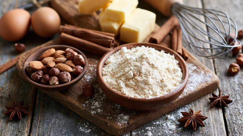 Baking ingredients arranged on a rustic wooden cutting board