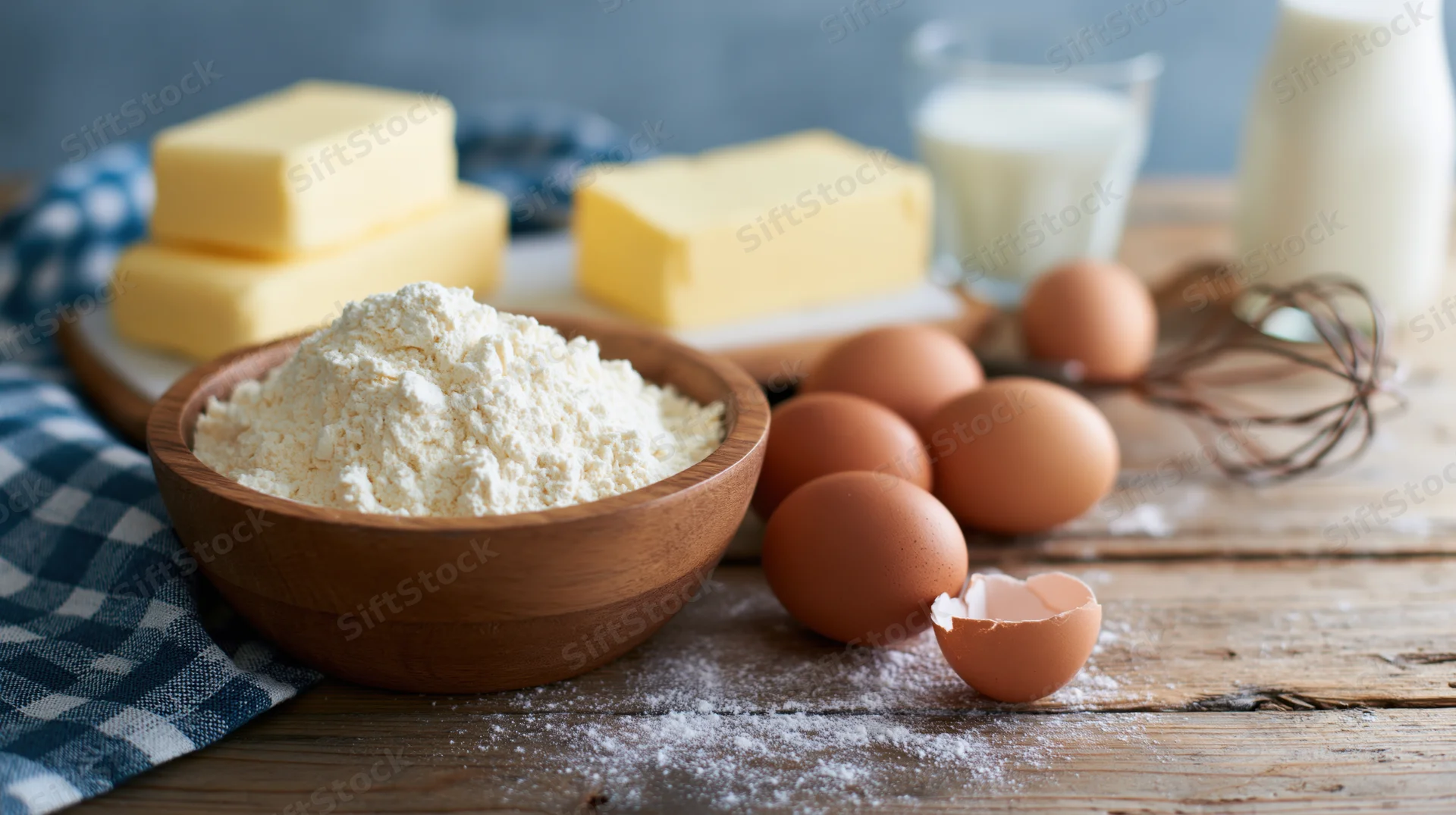 Baking ingredients arranged on a rustic wooden kitchen countertop